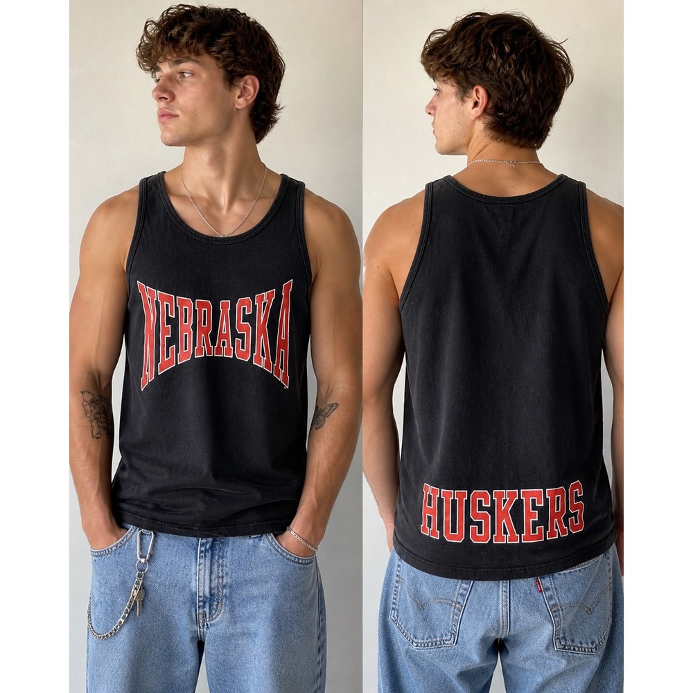 Vintage Artex Nebraska Huskers Tank Top Black Red Cotton Made in USA Large - Picture 6 of 6